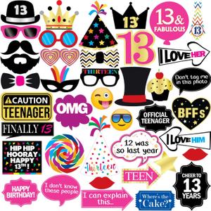 13th Birthday Photo Booth Party Props - 40 Pieces - Funny Official Teenager Birthday Party Supplies, Decorations and Favors