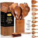 Wooden Spoons for Cooking, 12PCS Teak Wooden Kitchen Utensil Set with Spoon Rest - Smooth Finish, Non-Stick, Comfortable Grip, Heat Resistant Cooking Utensils Set