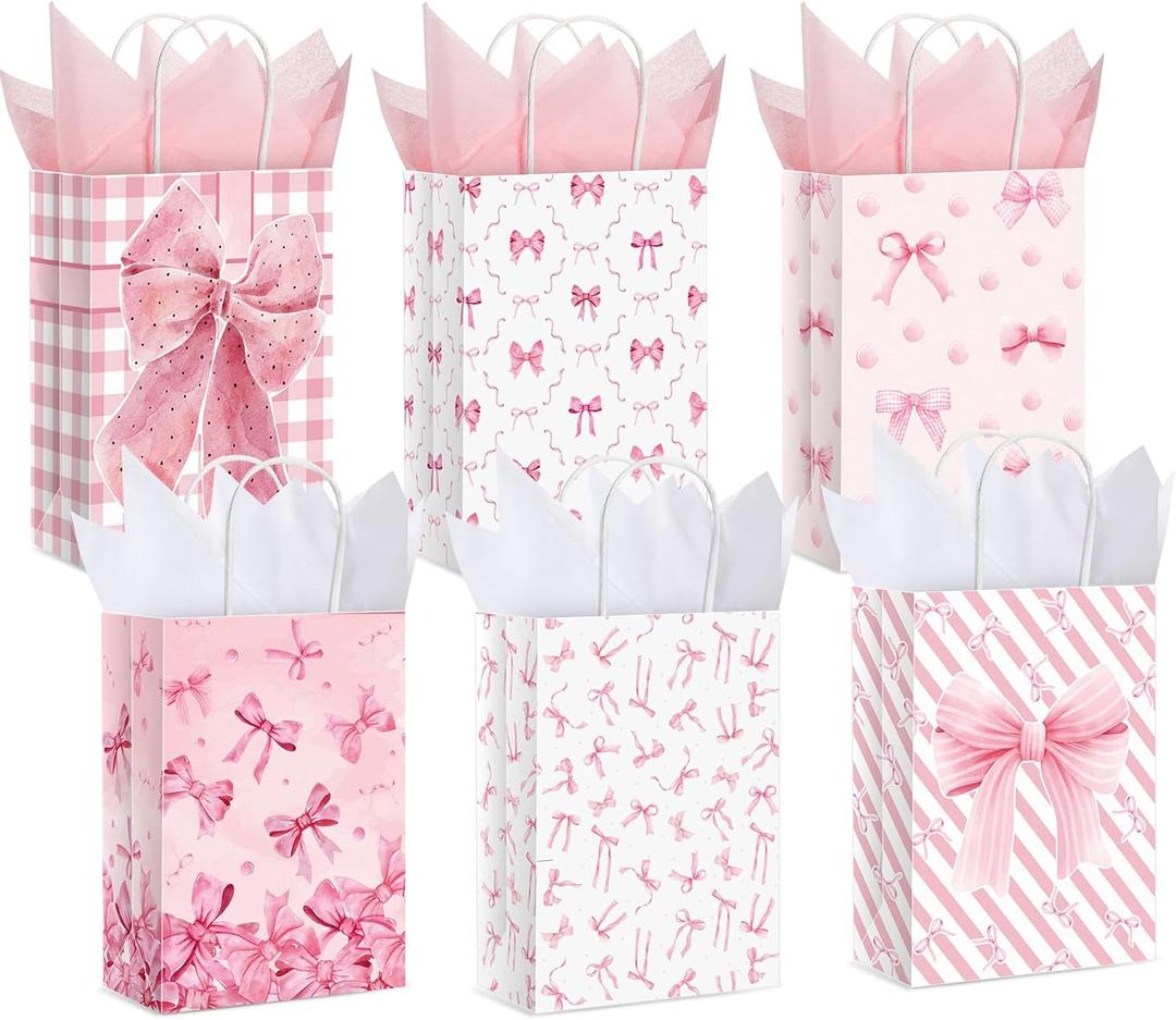 MotiMind 24 Pcs Christmas Pink Bow Paper Gift Bags with Tissue Papers Women Coquette Birthday Party Favor Bag with Handles Goodie Candy Sack for Bachelorette Bridal Shower Wedding(White Pink)