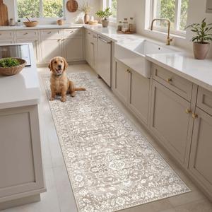 Washable 2.5'x8' Runner Rugs for Hallway, Kitchen Runner Rugs with Rubber Backing Vintage Non-Slip Soft 2'6"x8' Carpet Runner for Entryway Laundry Bedroom Farmhouse Light Brown