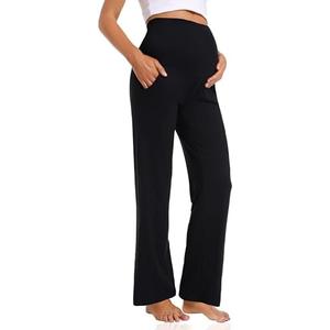 Foucome Women's Maternity Pants Casual Loose Wide Leg Cozy Pant Pregnancy Palazzo Lounge Trousers with Pockets, size large