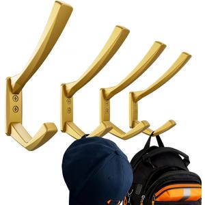 Heavy Duty Wall Hooks, 5 Inch Large Wall Mount Hooks for Hanging Heavy Backpacks, School Bags, Winter Coat, Handbags, Purses in Entryway, Hallway, Garage, Bathroom, Laundry (4, Gold)