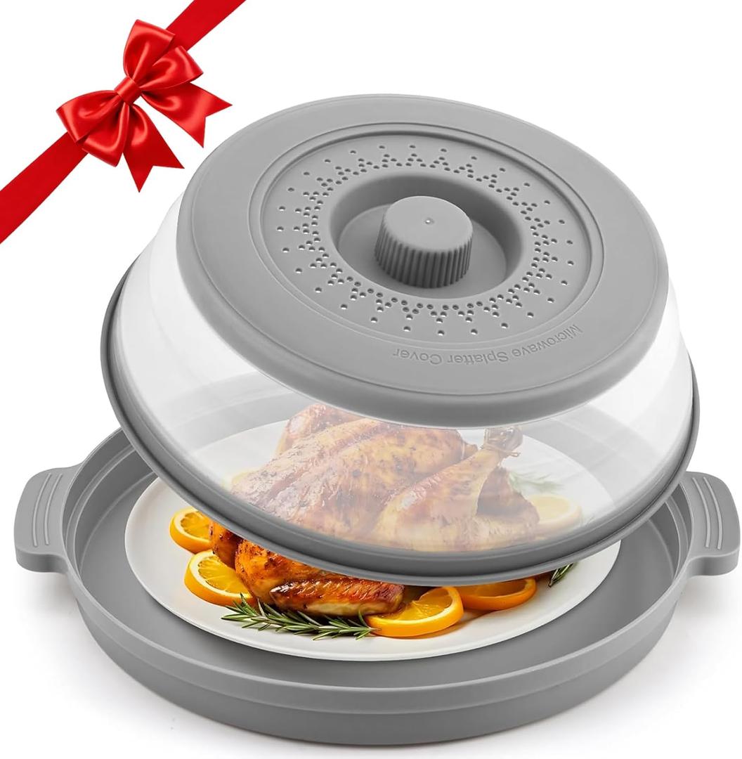 Microwave Splatter Cover for Food with Anti-scald Base Plate,Large Plastic & Silicone Vented Avoid Scalding Collapsible Guard Lid,Kitchen Essential Gadgets for Meal Prep-10.7 Inch (Gray)