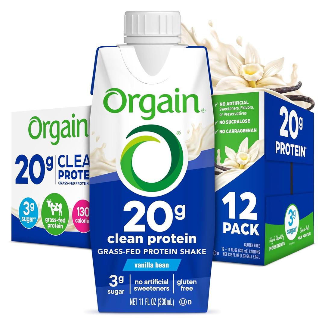 Orgain Clean Protein Shake, Grass Fed Dairy, Vanilla Bean - 20g Whey High Protein, Kosher, Ready to Drink, Low Net Carbs, Gluten Free, No Soy Ingredients, 11 Fl Oz (Pack of 12) (EXP 06/02/26)