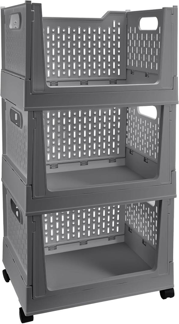 Stackable Plastic Storage Bins, 3 Pack Foldable Closet Organizers and Storage Basket with Wheels, Collapsible Drawer Shelf Storage Box Container for Office Bedroom Closet Wardrobe Kitchen Bathroom