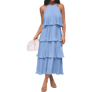 ZESICA Women's 2026 Summer Sleeveless Halter Neck Ruffle Tiered Layered Chiffon Flowy Swing Long Midi Dress (Blue, M)