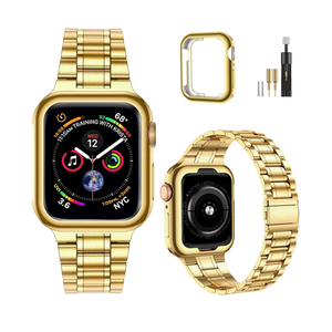 MioHHR Solid Stainless Steel Band Compatible with Apple Watch 38mm(Series 3/2/1) 40mm(Series SE/6/5/4) 41mm(Series 9/8/7) Metal Strap with Soft TPU Case for iWatch Bands for Women and Men, Gold