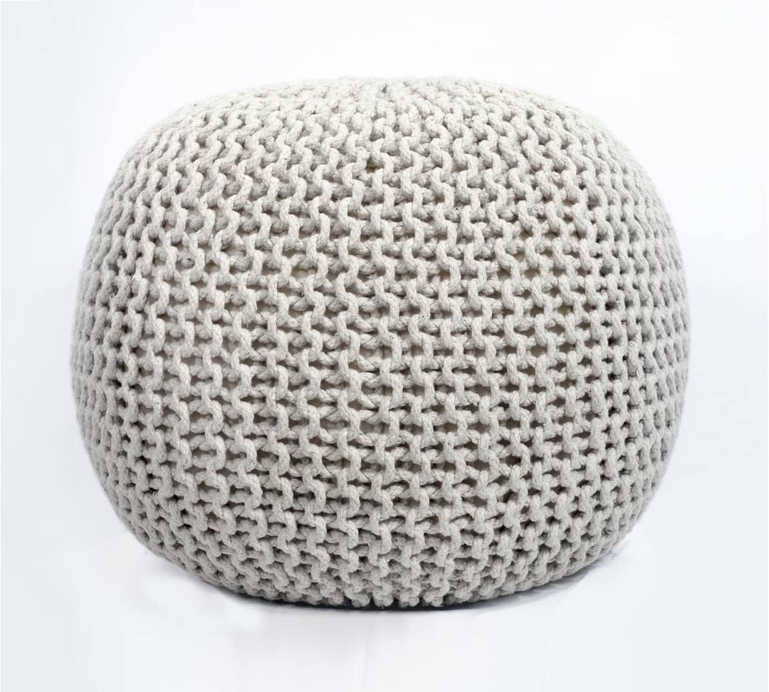 FRELISH DECOR Round Pouf Ottoman Hand Knitted 100% Cotton Pouf Foot Stool - Knitted Bean Bag - Floor Chair for Living Room Bedroom - Foot Rest for Couch (20 Diameter x 14 Height) - Natural