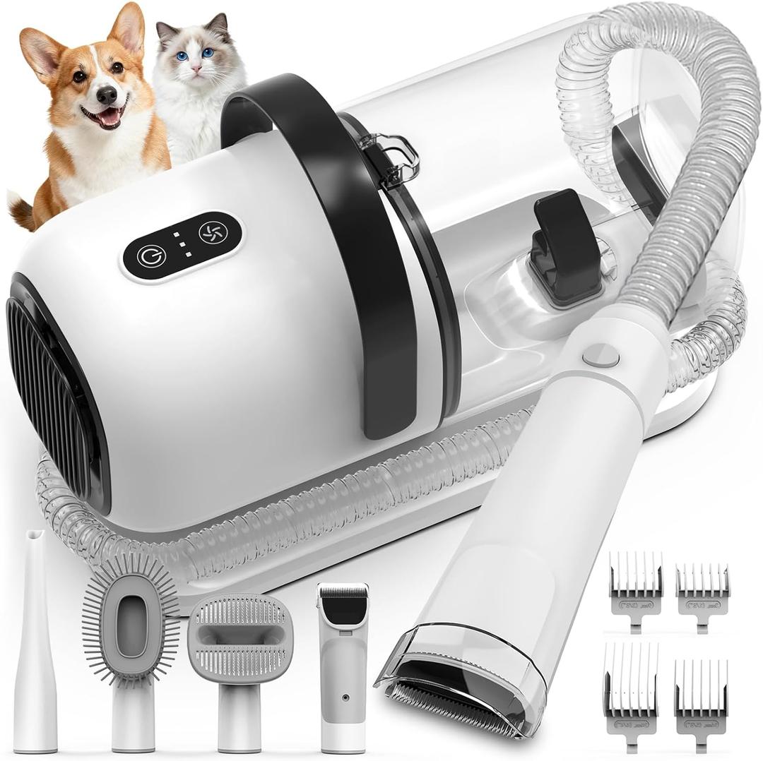 FIXR Dog Grooming Vacuum, All-in-One Pet Grooming Kit with Hair Clipper & Shedding Brush, Low Noise 12,000Pa Dog Hair Remover Vacuum, Pet Groomer Set with Cleaning Brushes, PG01 (White)