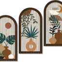 Putuo Decor Boho Wall Art, Abstract Botanical Room Decorations with Leaf & Sun Lines, Modern Minimalist Wooden Wall Decor 16x8 In Mid Century Artwork for Living Room Bedroom Office Set of 3