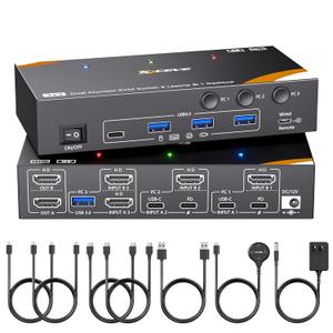 KCEVE KVM Switch 2 Monitors 3 Computers USB C, USB 3.0 KVM Switch Dual Monitor HDMI for 2 Laptops 1 Desktop Share Keyboard, Mouse, 85W PD, 4K@60Hz, Power Adapter and Wired Remote