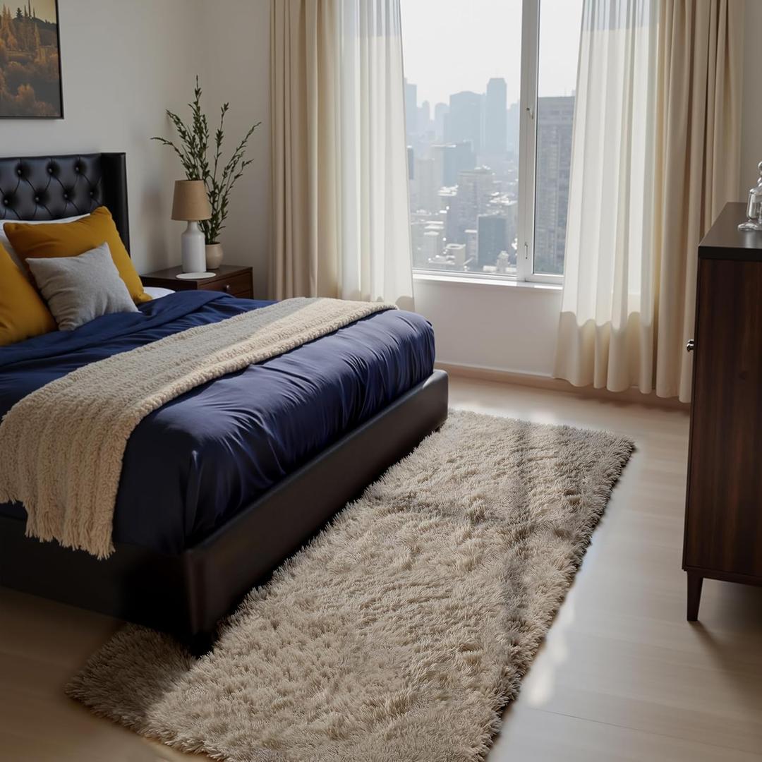 Soft Runner Rugs for Bedroom, Beige 3x7 Area Rugs Fluffy Rug Shaggy Area Rug Carpet, Bedside Rug for Living Room Bedroom Kids Room Home Decor