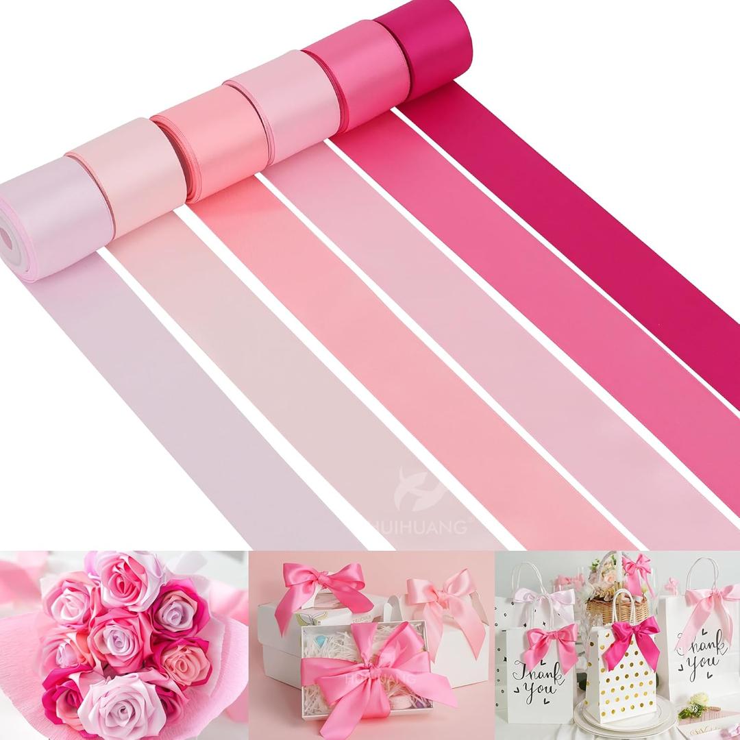 HUIHUANG Pink Ribbon 1-1/2" Satin Ribbon Assorted Pink/Hot Pink Satin Ribbons for Flower Bouquet, Gift Wrapping, Hair Bows Crafts, Wedding Bridal Shower Decor- 6 Rolls, Total 30 Yards (1.5 inch)