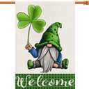 3 x St Patricks Day Gnome House Flag Burlap 28x40 Inch Double Sided, Green Lucky Shamrock Welcome Large Sign Farmhouse Yard Outdoor Decoration DF190-28