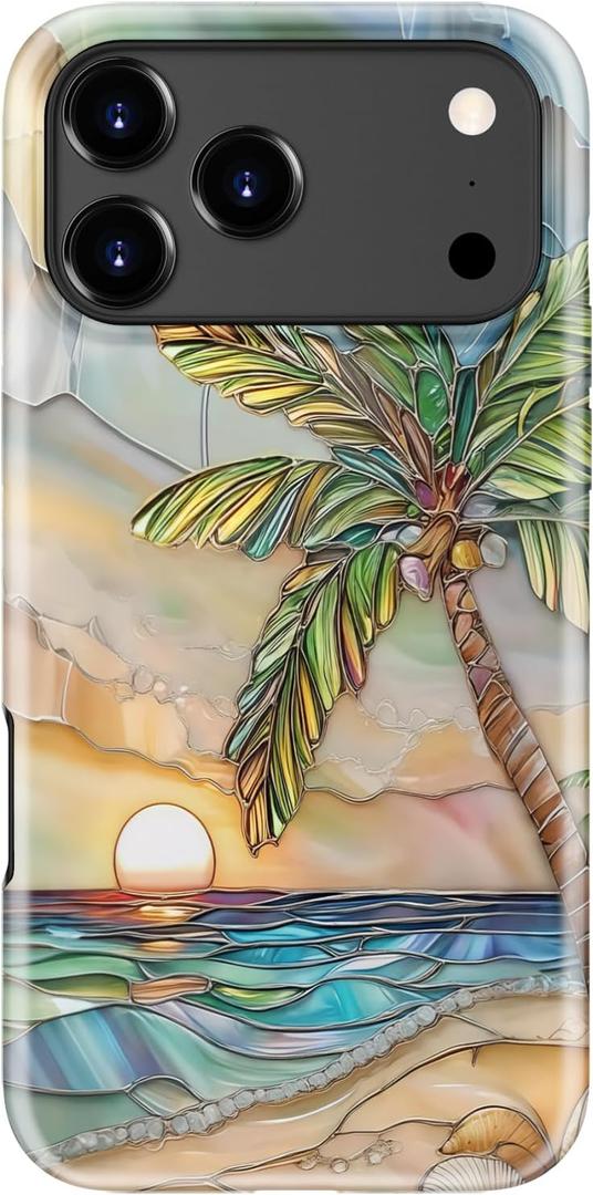 Esdot for iPhone 17 Pro Case Cute - Wireless Charging Compatible Dual-Layer Soft Silicone + Hard Shell - Wildflower Design - Protective Phone Cover for Women Girls - Palm Tree Sunset Beach