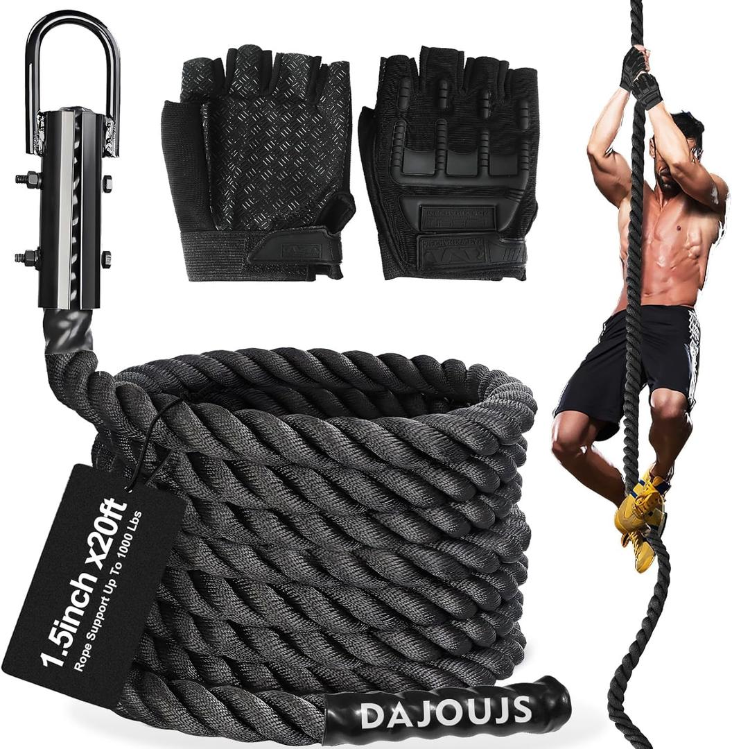 Climbing Rope Gym Workout - 1.5 Inch Dia 10FT 15FT 20FT 25FT 30FT 35FT 40FT 50FT Heavy Duty Work Out Rope Exercise Climbing Ropes for Adults Kids Fitness & Strength Training Outdoor & Indoor - Black