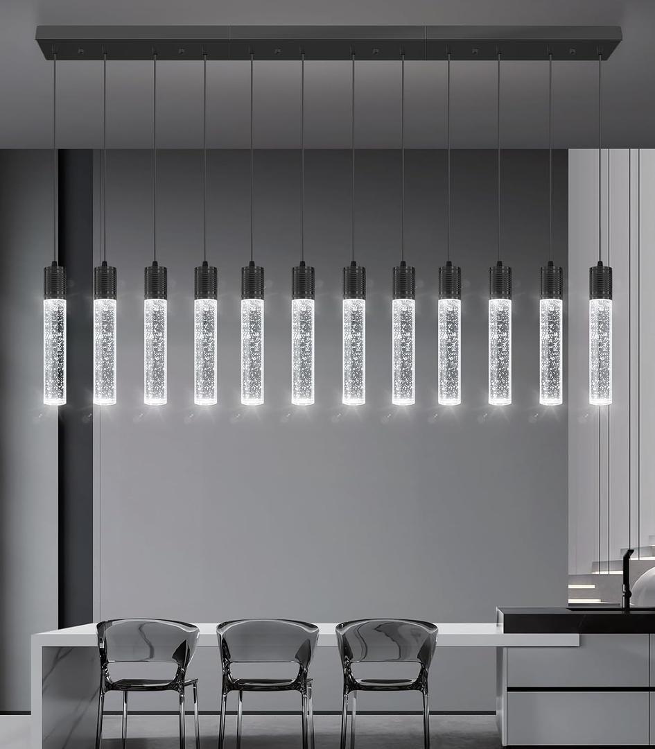 Modern Crystal Chandeliers LED Pendant Light for Kitchen Island Dining Room Entrance Foyer Living Room 6000K Black, 12-lights