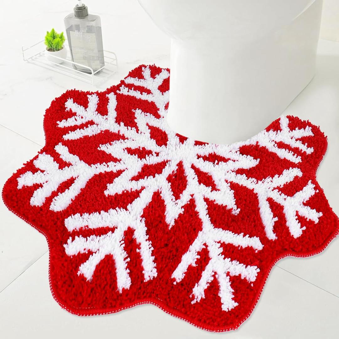 Christmas U Shaped Toilet Mat Bath Rug Absorbent Red White Snowflake Bathroom Mat for Xmas Winter Toilet Base Bathroom Floor, 19.7 x 23.6 Inch