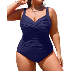 Yonique Women Plus Size One Piece Swimsuits Tummy Control Bathing Suits Twist Front Ruched Swimwear (Navy Blue) 16W
