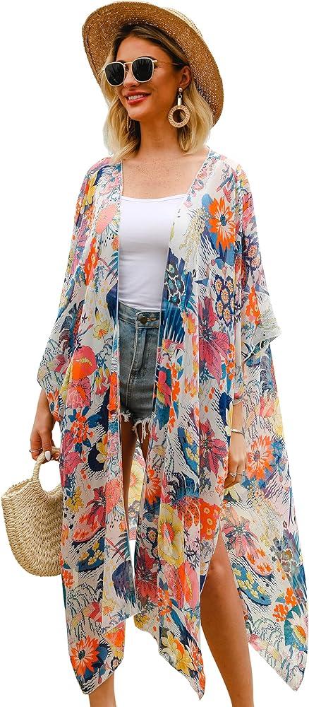 Hibluco Women's Long Floral Kimono Printed Cardigan Sheer Swimsuit Cover Ups XXL