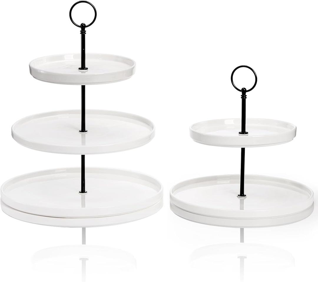 Tosnail Set of 2 White Porcelain Cupcake Stand, Tiered Serving Trays with Black Rod, 3 and 2 Tiers Dessert Cake Stand, Party Serving Trays Fruit Pastry Holders for Party, Anti-Falling Edge