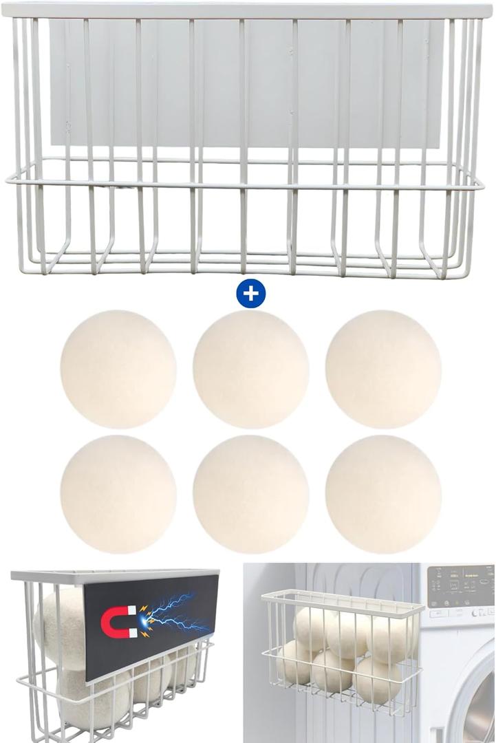 Magnetic Dryer Ball Holder Plus 6 XL Wool Dryer Balls from New Zealand Wool- Laundry Dryer Balls Storage Containers: Easy Install Without Tools, Magnetic Basket for Dryer Balls