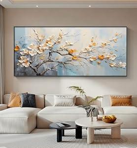 Hand-Painted Plum Blossom Oil Painting for Living Room, Framed White and Yellow Flower Canvas Wall Art for Bedroom, 3D Modern Floral Wall Decor Office Home Decor Ready to Hang 24x56 inches