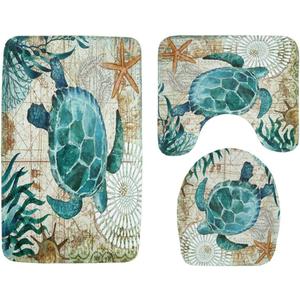 3 Pieces Soft Flannel Bathroom Mat Set Non-Slip Bathroom Rug Absorbent Toilet Mat Lid Cover Set Turtle