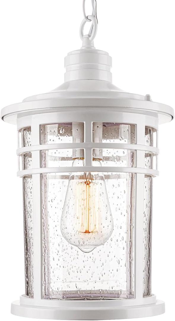 Darkaway Large Outdoor Pendant Lights for Porch, 15inch Outdoor Chandelier Hanging Porch Lights Ceiling Mount Aluminum with Seeded Glass for Front Porch Gazebo Patio (Large, White), Large Size