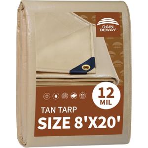 RAINDEWAY 8x20 Feet Heavy Duty Tarp,12 Mil Tan Waterproof Poly Tarp Cover,UV Resistant,Weatherproof,Durable,Multipurpose Tarps with Grommets and Reinforced Edges