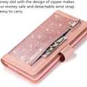 EYZUTAK Wallet Case for Samsung Galaxy S21 FE, Magnetic Handbag Zipper Pocket PU Leather Flip with 9 Card Slots and Wrist Strap Folio TPU Inner Stand Case - Rose Gold