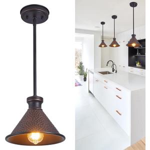 Max 58Ht Adjustable Tube Mini Pendant,Vintage Hammered Pattern Cast Aluminum Shade,1-E26 Classic Lamp,Oil Rubbed Bronze Farmhouse Hanging Light for Kitchen Island,Entryway,Dining Room.
