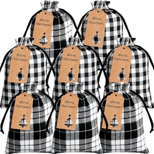 Shappy 20 Pcs Christmas Drawstring Bags 6 x 8 Inch Xmas Buffalo Plaid Burlap Candy Bags Holiday Treat Favor Bags christmas goodie bag with Tags for Fabric Sachets Christmas Party(Plaid,Black and White) (20 Count (Pack of 1))