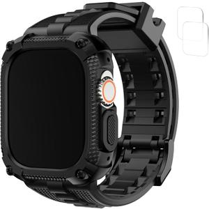 Fullmosa Compatible with Apple Watch Bands 49mm Ultra/Ultra 2, Rugged Apple Watch Strap Ultra with Military Grade Shockproof Bumper Case & Screen Protector for Men Women, 49mm, Black