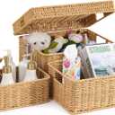 Wicker Storage Basket with Lid - Woven Basket for Storage,Rectangular Decorative Boxes Bins with Lids for Shelves,living room, Nursery, 3 baskets+1 lids(Natural)