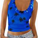 Tankaneo Womens Ruffle Deep V Neck Tank Tops Summer Sexy Floral Print Sleeveless Fitted Shirts Trendy Y2k Going Out Crop Tops (Blue)