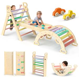 BlueWood Pikler Triangle Set 7in1 Foldable Baby Climbing Toys Wooden Montessori Climbing Set with Arch&Ramp&Ladder Baby Climber Indoor Jungle Gyms for Toddlers Montessori Toys - Rainbow