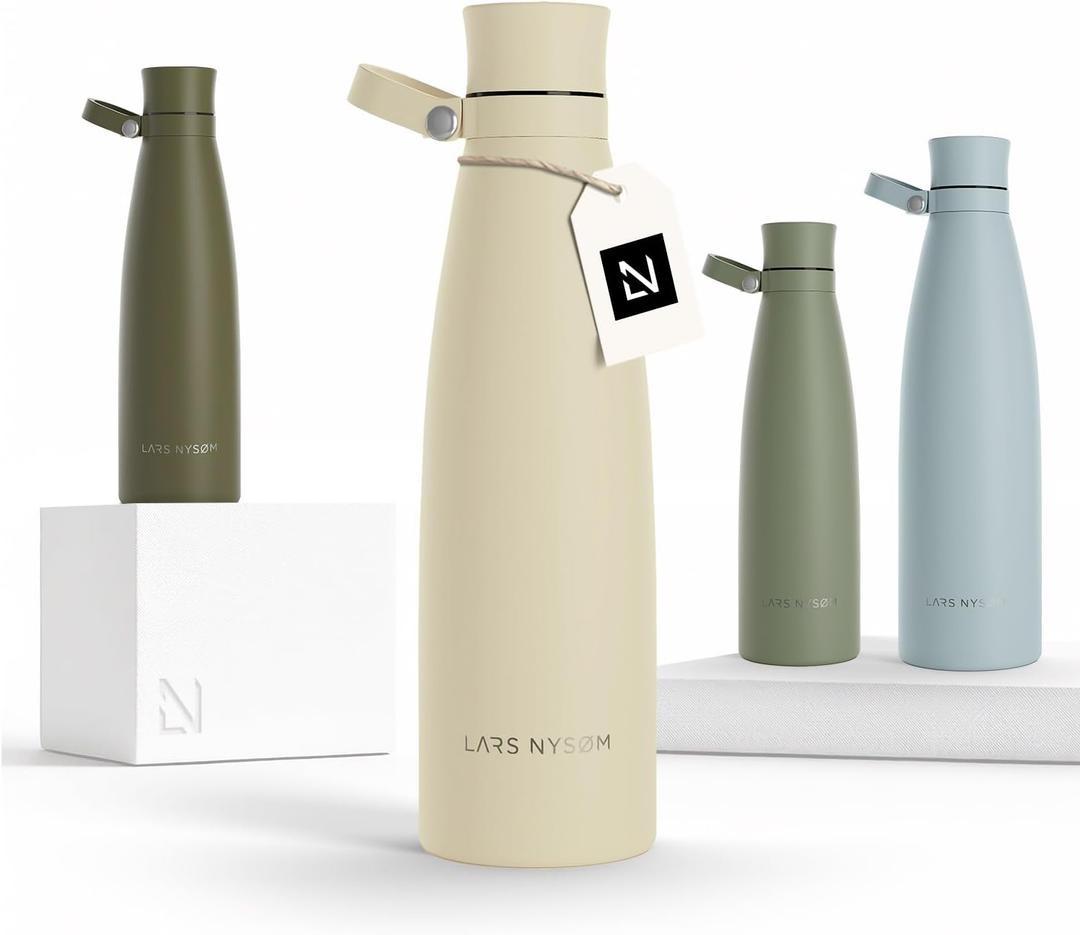 LARS NYSM Stainless Steel Insulated Water Bottle 25oz 34oz | Insulated Thermo Flask for Hot and Cold Beverages | Leakproof Drinking Bottle (Almond Beige, 25.4oz)