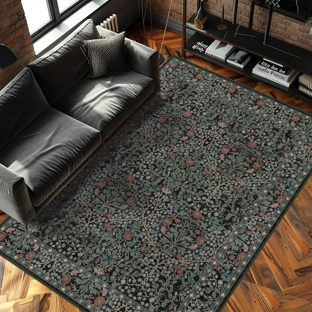 5x7 Washable Area Rugs for Living Room, Stain Resistant Vintage Rugs for Dining Room Under Kitchen Table, Bedroom, Floral Low Pile Non-Slip Large Carpet (5 x 7 Dark Green)