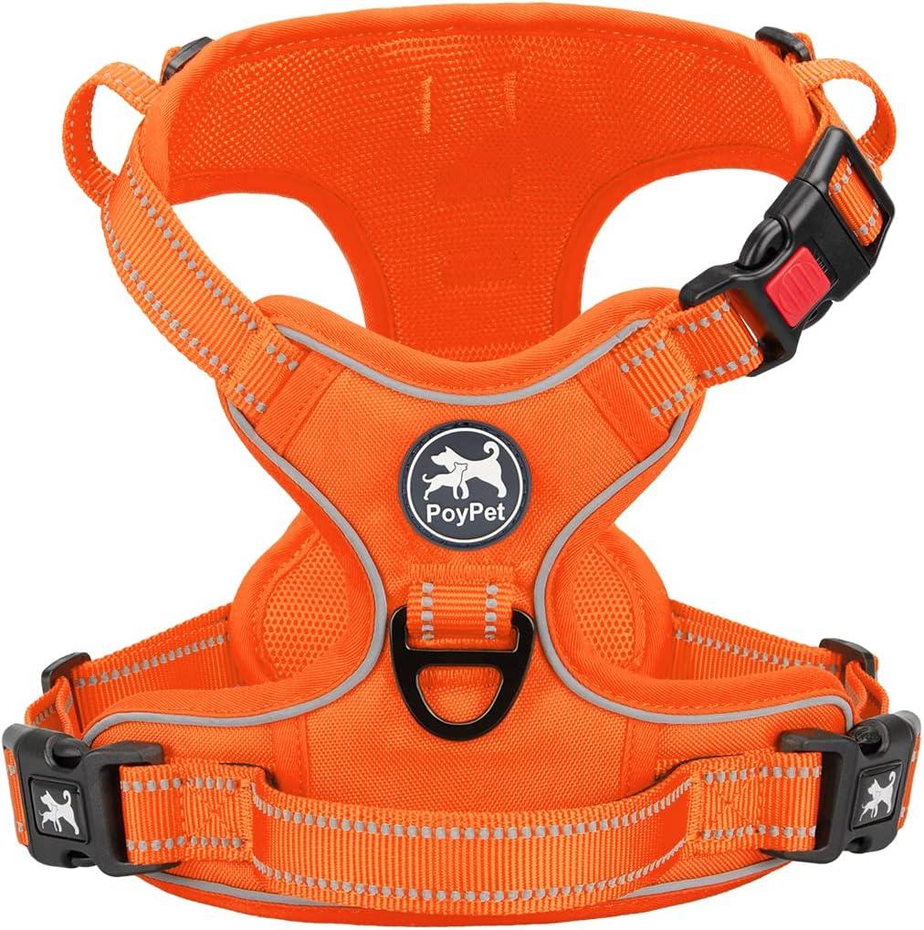 PoyPet No Pull Dog Harness, No Choke Reflective Dog Vest, Adjustable Pet Harnesses with Easy Control Padded Handle for Small Medium Large Dogs(Orange Matching Trim,XS)