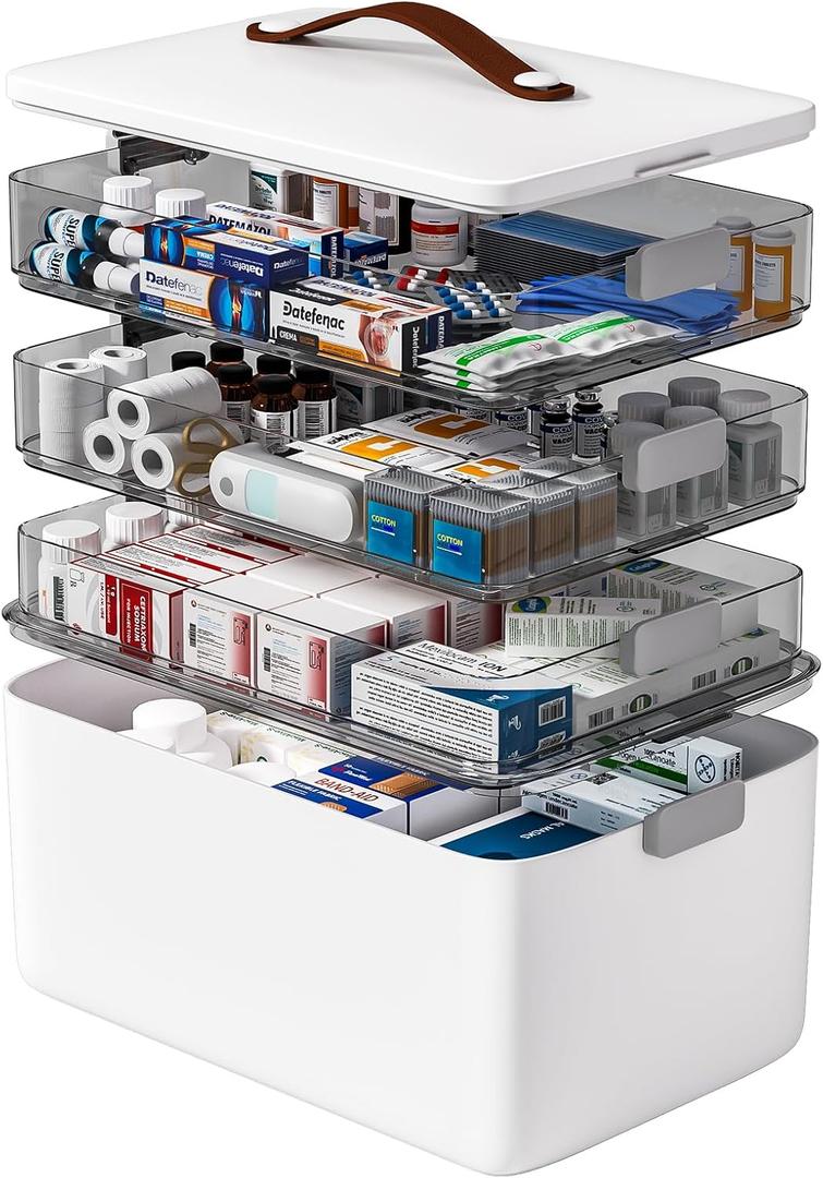 funest 4- Tier Medicine Storage Box Organizer Portable First Aid kit Box Empty with Handle, Multipurpose Medical Supply Organizer with Removable Tray, White