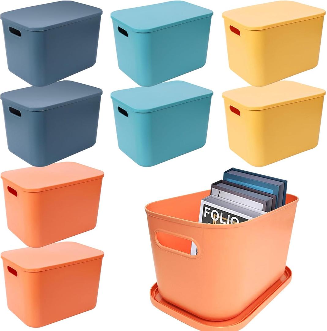 YEXEXINM 8 Pack Colorful Plastic Storage Bins with Lid and HandleStackable Storage Box Basket ContainersDesktop Storage Box Cubby Bins for Shelf Cabinet Kitchen Bathroom Office10 x 7 x 6.1Inch