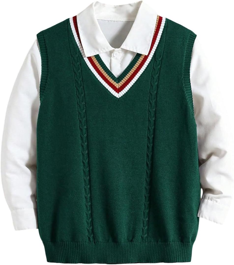 Floerns Boy's Striped Sweater V Neck Long Sleeve Cable Knit Casual Pullover Tops S 10Y
