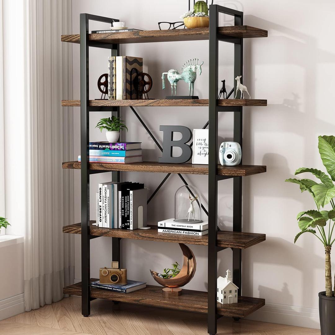 5-Tier Industrial Style Solid Wood Bookcase and Book Shelves,Rustic Wood and Metal Shelving Unit Living Room,Modern Rustic Open Industrial Book Shelf Office,Distressed Brown (AY-02-5Tier)