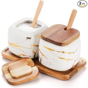 Dicunoy 2 Pack Ceramic Sugar Bowl with Lids and Spoons, Salt and Sugar Container, White Porcelain Sugar Coffee Container, Condiment Spice Pots with Wooden Tray for Bar Table, Kitchen, Countertop
