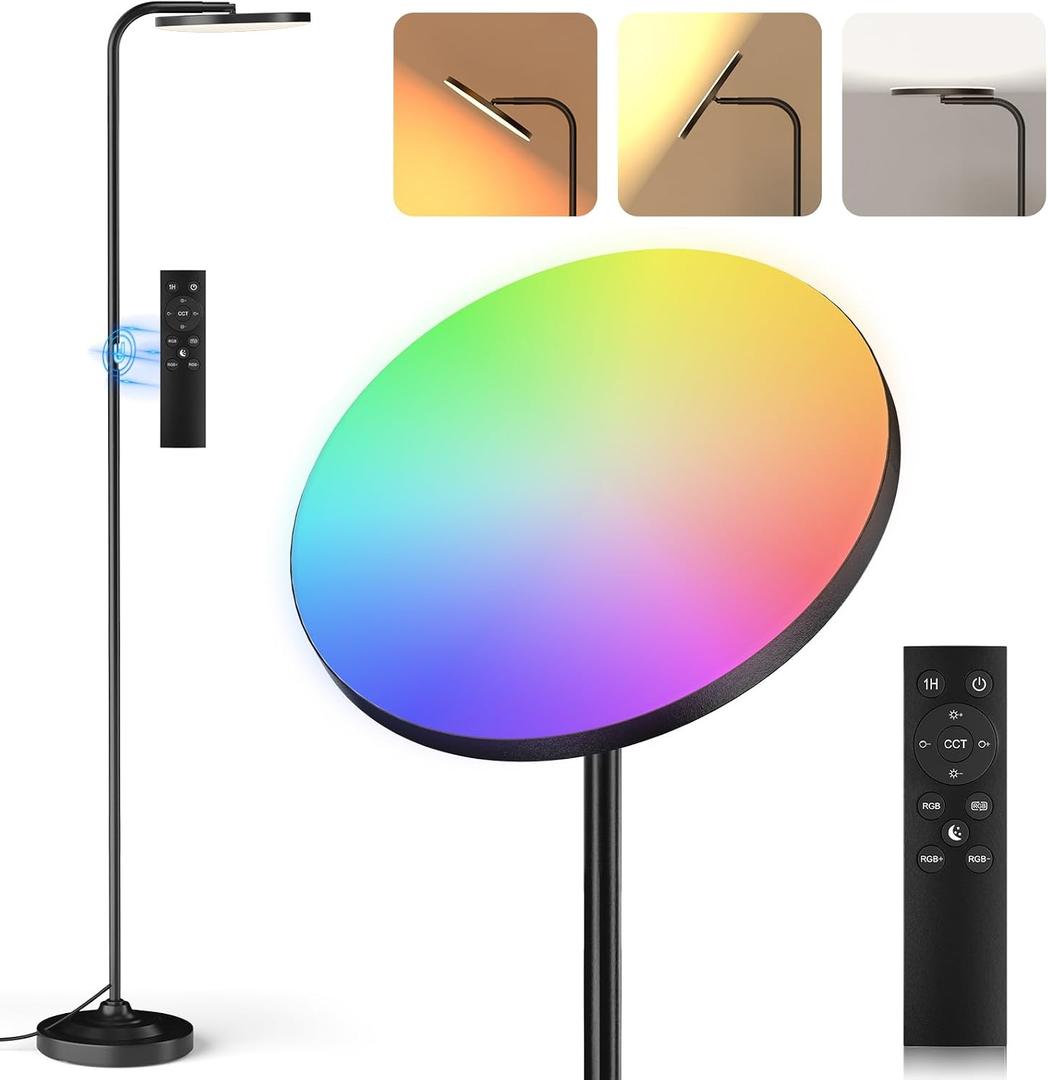 SIBRILLE RGB Floor Lamp, 36W Bright LED Standing Lamp, Stepless Dimming Color Changing Torchiere Floor Lamps with Remote, 350Rotating Modern Tall Floor Lamp for Living Room, Gaming Room