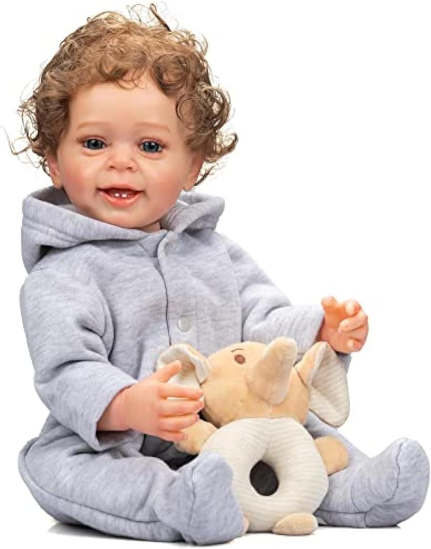 Reborn Baby Boy 22 inch Anatomically Correct Baby Boy Doll Silicone Full Body Realistic Boy Toddler Baby Dolls Curly Hair with Teeth for Boys Girls Gift (Grey)