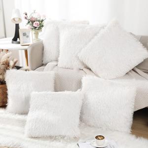 VitalCozy 6 Pcs Winter Faux Fur Throw Pillow Covers Fluffy Couch Cushion 18 x 18 in Square Pillow Luxury Decorative Soft Pillowcase Zipper Closure for Sofa Couch Sleepover Party(White)