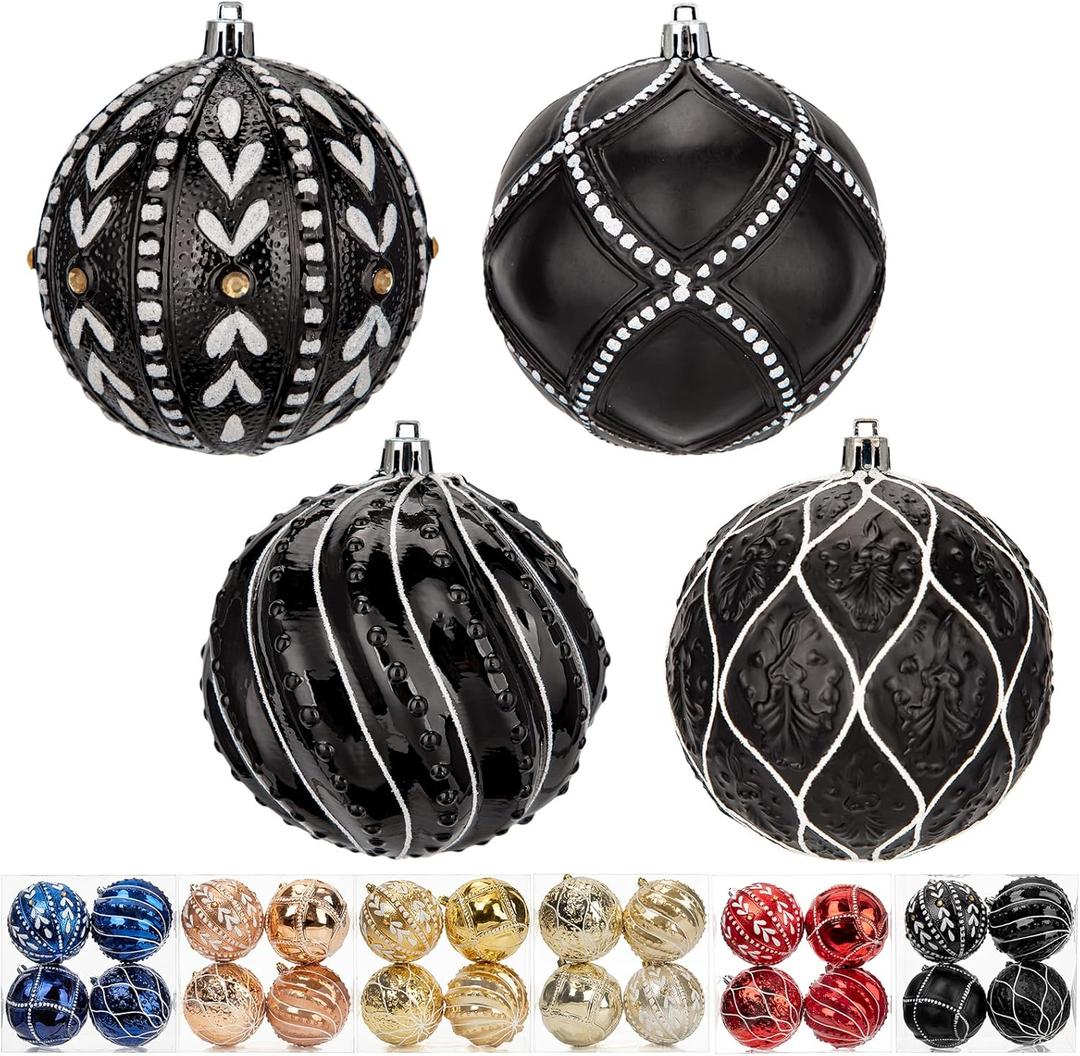 Christmas Balls Ornaments 3.94" Black Christmas Ornaments Balls Shatterproof Plastic Christmas Ball for Xmas Tree Decorations Big Hanging Ornaments for Holiday Wedding Party Indoor Outdoor Decor 4Pcs