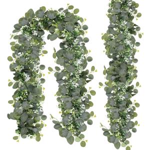 N&T NIETING 2 Pack Artificial Eucalyptus Garland With Flowers, 6FT Faux Greenery Vines, Fake Hanging Summer Decor for Mantle Wedding Backdrop Decorations